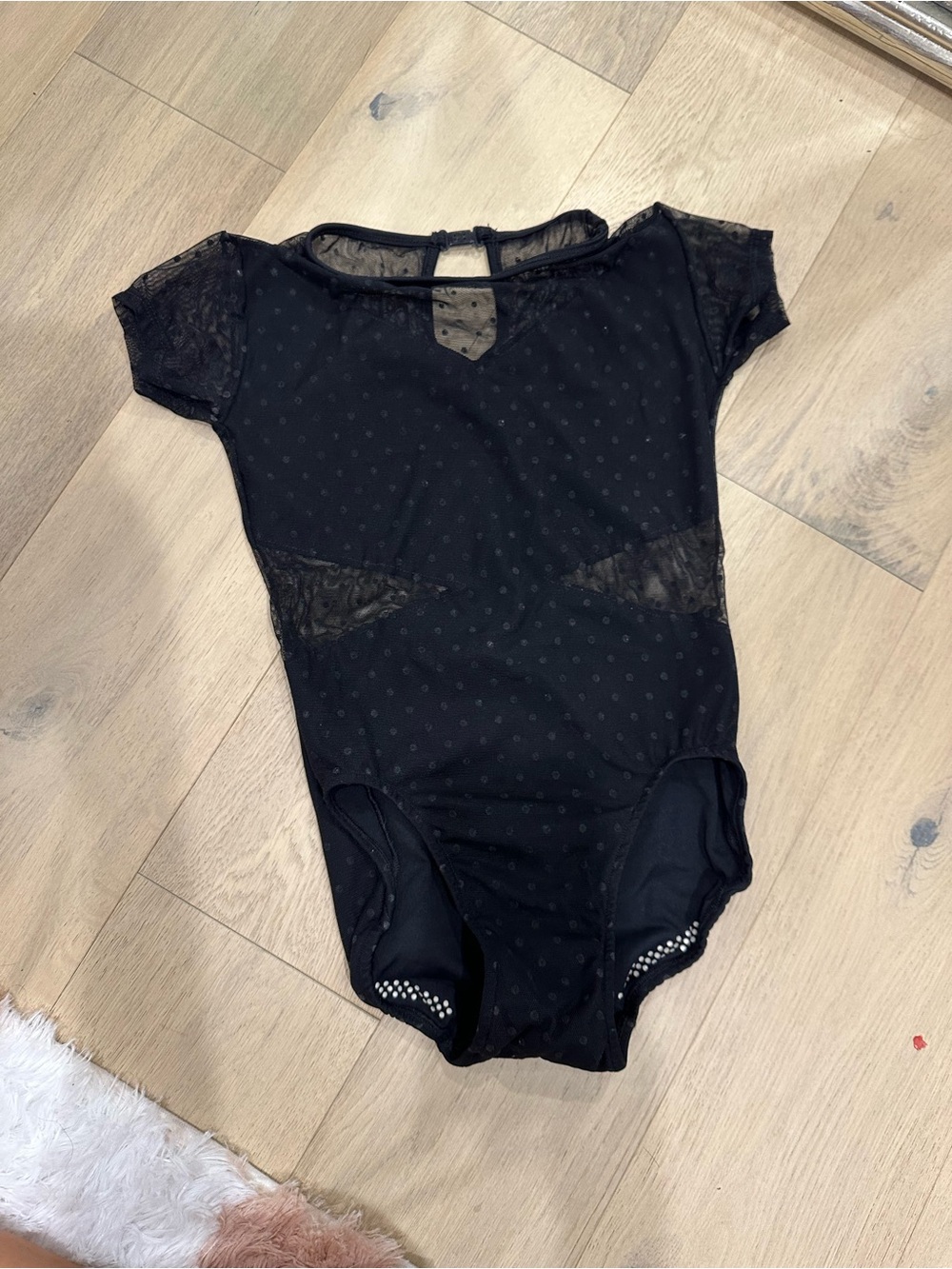 Girls' Short Sleeve Black Dance Leotard with Dotted Mesh Panels